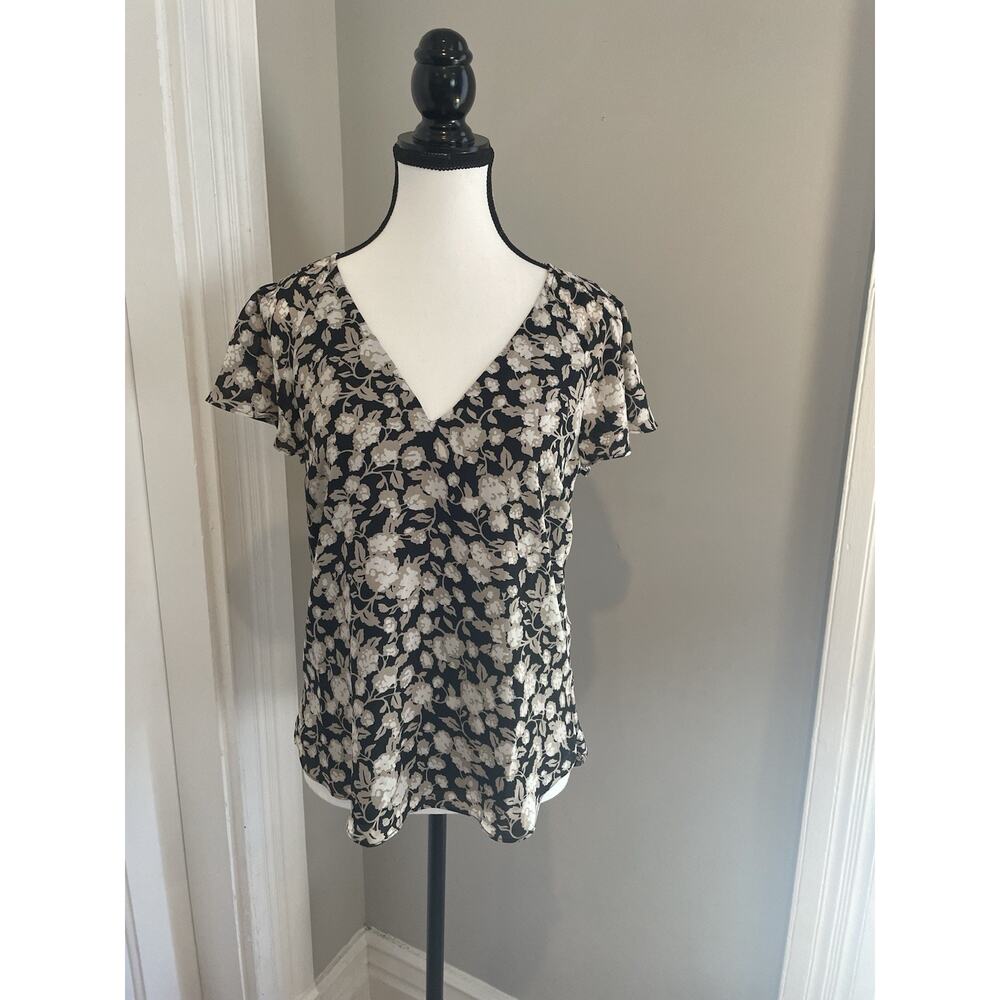 H&M Flutter Sleeve Top Women’s Size XS Floral Print Black